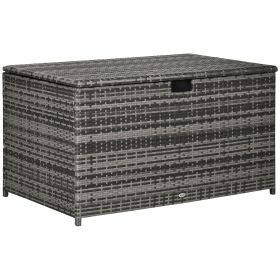 Outsunny Rattan Wicker Outdoor Deck Box with Hydraulic Lift & Handle, Liner for Patio, Pool, Garden Tools, Gray