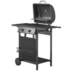 2 Burner Propane Gas Grill, 18000 BTU BBQ Grill with Wheels, Warming Rack, Shelf, Thermometer, Grease Cup, Black