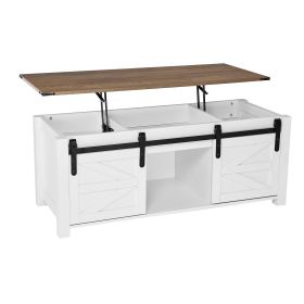 47.2 in Farmhouse Lift Top Coffee Table, Rustic Center Table with Barn Door and Hidden Storage Compartment