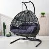 Double Wicker Swing Egg Chair,  All-Weather Rattan Hanging Hammock Chair for Home Bedroom Patio Balcony,Black&Grey