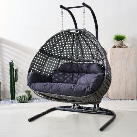 Double Wicker Swing Egg Chair,  All-Weather Rattan Hanging Hammock Chair for Home Bedroom Patio Balcony,Black&Grey