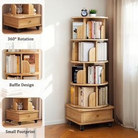 5 Tier Rotating Bookshelf, 360° Display Round Spinning Bookshelf with Wheels, Space-Saving, Small Space Rotating Bookshelf Tower for Bedroom