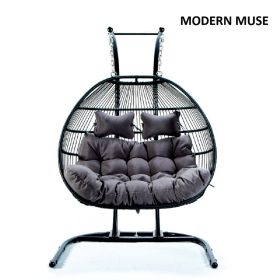 2 Person Folding Double Swing Chair Wicker Rattan Egg Chair with Stand and Cushion (Black+anthracite)