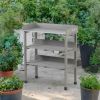 3-Tier Wooden Workbench with Adjustable Feet, Built-In Hooks & Storage Shelves, Compact Tool Bench for Garage, Workshop, or Craft Room Organization