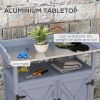 Outsunny Outdoor Potting Bench with Storage Cabinet Aluminum Tabletop Rubber Wheels for Patio Backyard Balcony Gray