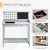 Outsunny Potting Bench Outdoor, with Removable Sink, Blackboard, Open Shelf Storage, Grid Backboard, for Garden, Backyard, Light Gray