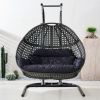 Double Wicker Swing Egg Chair,  All-Weather Rattan Hanging Hammock Chair for Home Bedroom Patio Balcony,Black&Grey
