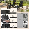Folding Adirondack Chair Set of 2, HDPE Fire Pit Chair with Retractable Ottoman and Cup Holder, Black