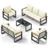 All-Weather 5-Piece Ultra Aluminum Patio Furniture Set, 7-Seat Conversation Sofa with 10 Inches Extra thick Beige Back Cushions and Glass Table
