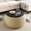 Round Storage Ottoman, 2 in 1 Function, Work as End table and Ottoman, Natural (25.5"x25.5"x14.5")