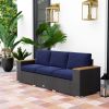 3-Seat Outdoor Patio Sofa with Cushions, PE Rattan Wicker Sofa with Wide Armrests, Outdoor Wicker Couch, Navy Blue