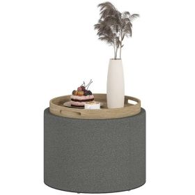 Round Storage Ottoman Coffee Table with Flip Top Tray, Linen Fabric Upholstered Footstool with Hidden Compartment, Gray