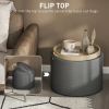 Round Storage Ottoman Coffee Table with Flip Top Tray, Linen Fabric Upholstered Footstool with Hidden Compartment, Gray