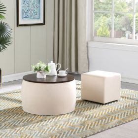 Round Ottoman Set with Storage, 2 in 1 combination, Round Coffee Table, Square Foot Rest Footstool for Living Room Bedroom Entryway Office (Main Color: Beige, Main Material: Velvet)