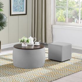 Round Ottoman Set with Storage, 2 in 1 combination, Round Coffee Table, Square Foot Rest Footstool for Living Room Bedroom Entryway Office (Main Color: Grey, Main Material: Velvet)