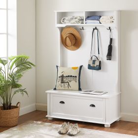 Modern Classic Hall Tree with Shoe Rack Bench and Coat Hooks for Hanging Storage (Material: MDF, Color: White)