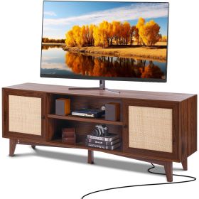 VEVOR Rattan TV Stand for 75in TV, Boho TV Stand with Rattan Door, Entertainment Center with Build-in Socket, Storage Cabinet with 2 Shelves (Color: Walnut, size: 66 inch)