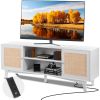 VEVOR Rattan TV Stand for 75in TV, Boho TV Stand with Rattan Door, Entertainment Center with Build-in Socket, Storage Cabinet with 2 Shelves