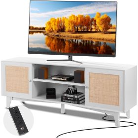 VEVOR Rattan TV Stand for 75in TV, Boho TV Stand with Rattan Door, Entertainment Center with Build-in Socket, Storage Cabinet with 2 Shelves (Color: White, size: 66 inch)