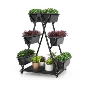 3-Tier Vertical Raised Garden Bed with 4 Wheels and 6 Container Boxes (Color: Black)