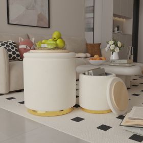 Set of 2 Modern Velvet Fabric Storage Ottomans - Round Design with Ample Storage Space for Bedroom Organization - Durable, Sturdy, and No Assemble (Color: Off-white)