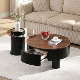 Round Nesting Coffee Table Set of 2, Coffee Table with Storage Drawer for Living Room (Color: Black)