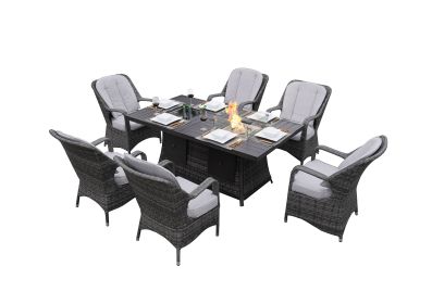 Direct Wicker 7 PCS Patio Gas Firepit and Ice Container Rectangle Dining Set with 6 Standard Height Chairs (Color: gray)